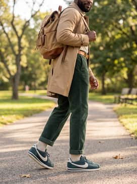 Cortez Premium – Black corduroy trousers paired with a vintage graphic tee and a tan trench coat to blend rich textures with a sophisticated street-style vibe.