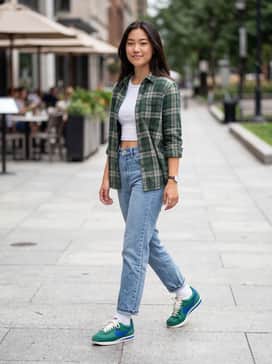 Cortez – Straight-leg light-wash denim jeans, a white cropped tank top, and an oversized unbuttoned flannel shirt in a matching green plaid.