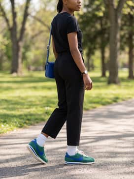 Cropped black trousers, a tucked-in graphic tee featuring primary colors, and a blue crossbody bag to pull from the shoe's accent color.