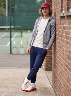 Court Ff 3 Novak – For a relaxed weekend vibe, wear navy blue tech-fleece joggers, a heather grey zip-up hoodie, and a red baseball cap to coordinate with the shoe's bold accents.