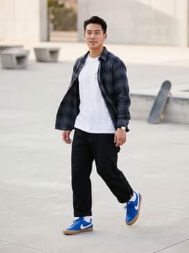 Court Shot – Skater Aesthetic: Pair these sneakers with baggy black carpenter pants, a white graphic tee, and an unbuttoned flannel shirt for a functional, street-ready look.