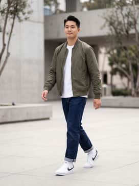Slim-fit indigo denim jeans paired with a plain white heavy-cotton tee and a classic olive bomber jacket for a timeless street look.