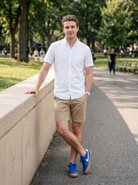 Court Shot – Khaki chino shorts, a crisp white short-sleeve button-down shirt, and tortoiseshell sunglasses for a polished yet relaxed summer outfit.