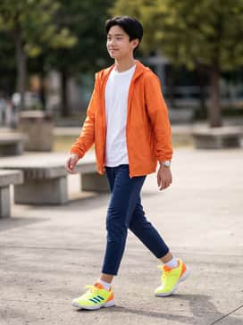Court Stabil Shoes – Navy blue tapered joggers paired with a crisp white t-shirt and a lightweight orange windbreaker to match the shoe's heel accent.