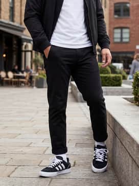 Court Tns Premiere Shoes – Slim-fit black trousers matched with a crisp white long-sleeve button-down shirt and a grey wool overcoat, creating a sophisticated yet approachable monochromatic look for the city.
