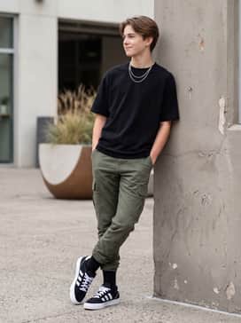 Court Tns Premiere Shoes – Tapered olive cargo pants worn with a boxy black heavyweight cotton t-shirt and layered silver neck chains to lean into a contemporary streetwear vibe.