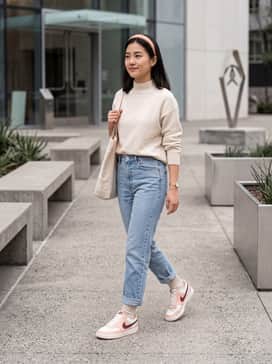 High-waisted light-wash straight-leg jeans paired with a cream-colored mock-neck sweater and a matching peach headband for a cohesive, cozy look.