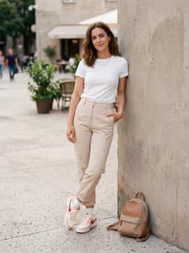 Beige wide-leg trousers and a simple white fitted tee, accessorized with a gold chain necklace and a small leather backpack in a neutral tone.
