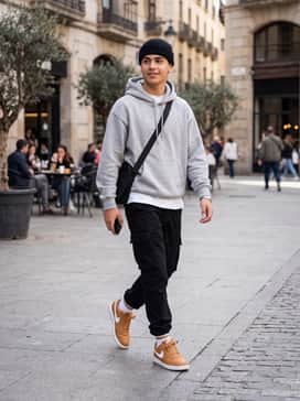 Tapered black cargo pants combined with a heather grey oversized hoodie and a black beanie, emphasizing a clean and functional streetwear aesthetic.