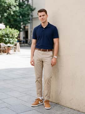 Straight-leg beige chinos styled with a tucked-in navy blue polo shirt and a brown leather belt to complement the warm earthy tones of the footwear.