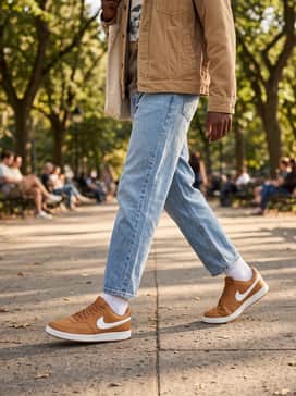 Light-wash tapered jeans worn with a vintage graphic tee and a tan corduroy jacket to create a cohesive, 90s-inspired ensemble with a modern twist.