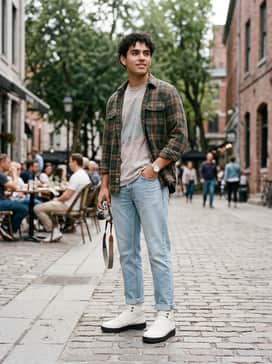 Court Vision Mid – Light-wash straight-leg jeans cuffed at the ankle, worn with a vintage graphic t-shirt and an unbuttoned flannel shirt in earth tones.