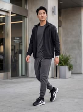 Match the athletic vibes with black performance joggers, a moisture-wicking charcoal grey t-shirt, and a lightweight zip-up windbreaker for a cohesive gym-ready look.