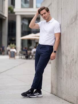 For a smart-casual weekend brunch, wear these shoes with slim-fit navy chinos and a crisp white polo shirt tucked in for a clean, athletic-inspired aesthetic.