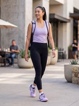 Crazyflight 6 Indoor Shoes – High-waisted black moisture-wicking compression leggings paired with a lavender-tinted racerback tank top and a sleek ponytail for a performance-ready gym look.
