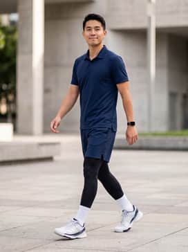 Crazyquick Boost Padel Shoes – Navy blue moisture-wicking athletic shorts paired with a crisp white performance polo and white crew socks for a classic court-ready look.
