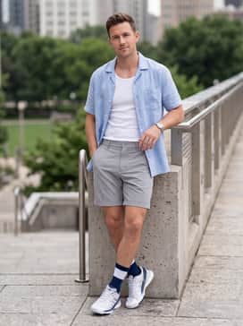Light grey technical shorts and a light blue linen button-down shirt worn open over a white tank top for a refined summer weekend vibe.