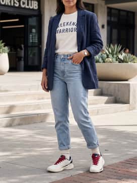 Crazyquick Lightstrike Padel Shoes – Light-wash tapered jeans with a tucked-in cream graphic t-shirt and an oversized navy blazer for a sophisticated casual weekend look.