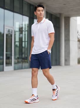 A performance-ready court look featuring navy blue moisture-wicking tech shorts and a white breathable mesh polo with subtle orange piping to match the shoe's outsole.