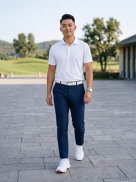 Curry 1 Mens Golf Shoes – A performance-ready look featuring navy blue moisture-wicking golf trousers, a tucked-in white tech polo, and a white leather belt to coordinate with the footwear.