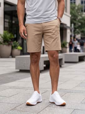 Curry 1 Mens Golf Shoes – A casual summer ensemble consisting of tailored tan chino shorts, a light grey performance polo shirt, and invisible socks for a clean, ankle-baring look.