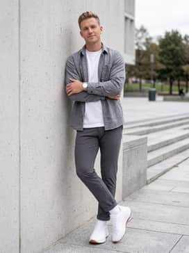 For an off-course street style, pair with slim-fit light-wash jeans, a white heavyweight cotton t-shirt, and an open charcoal grey flannel overshirt.