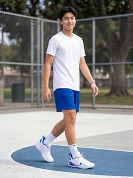 A professional court look featuring royal blue mesh basketball shorts, a white moisture-wicking jersey, and mid-calf white athletic socks.