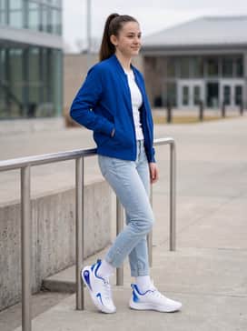 A streetwear-inspired outfit consisting of light-wash slim-fit jeans, a white heavyweight graphic tee, and a royal blue bomber jacket.