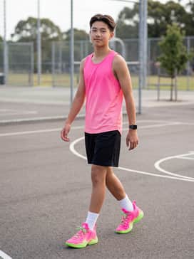 Full-court ready: Pair with black performance mesh shorts and a matching neon pink moisture-wicking jersey for a high-intensity basketball practice.