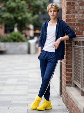 Curry 13 – Deep navy blue athletic track pants featuring white side-taping, styled with a breathable white performance tank top for a clean, sporty aesthetic that emphasizes the shoes.
