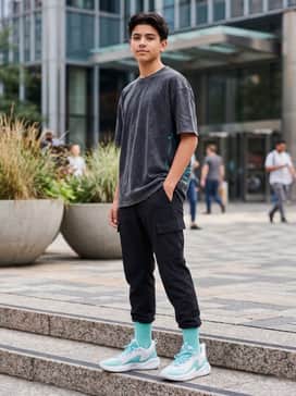 Curry 3z 25 Sde – A streetwear-forward look with black tapered cargo joggers, a neutral-toned oversized graphic t-shirt with teal accents, and a matching baseball cap.