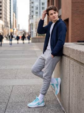 Curry 3z 25 Sde – An off-duty athletic ensemble consisting of grey marl tech-fleece joggers, a fitted white compression shirt, and a sleek navy windbreaker for contrast.