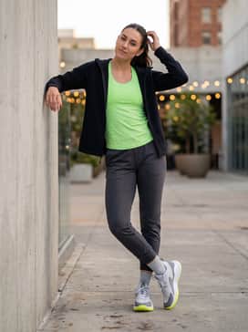 Modern gym-ready: Combine with slim-fit grey joggers, a fitted neon green performance tank top, and a sleek black tech-fleece zip-up hoodie.