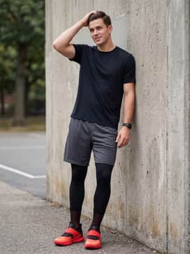High-performance black compression leggings worn under loose-fit charcoal athletic shorts, topped with a bold graphic basketball tee that mirrors the shoe's red accents.