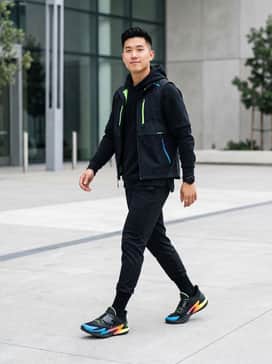 D Fox 2 Gamer – Black tapered joggers paired with a matching moisture-wicking hoodie and a neon-accented tech vest for a futuristic urban look.