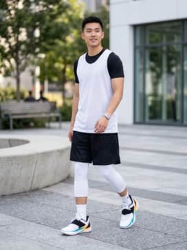 A pair of black mesh basketball shorts layered over white compression leggings with a matching white moisture-wicking jersey for a professional court-ready appearance.