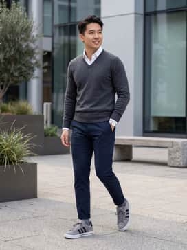 Daily 30 Shoes – Navy tapered chinos paired with a tucked-in white button-down shirt and a grey v-neck sweater for a polished smart-casual look.