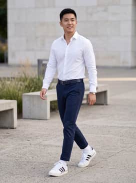 A clean, polished look featuring slim-fit navy chinos, a crisp tucked-in white button-down shirt, and a matching leather belt for a smart-casual office vibe.