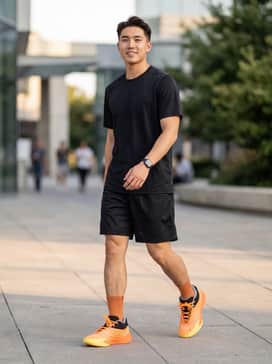 A sleek on-court look with black mesh basketball shorts, a matching black compression jersey, and high-top orange athletic socks to mirror the shoe's gradient.