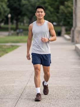 A high-performance marathon kit featuring navy blue 2-in-1 running shorts and a light gray moisture-wicking singlet with white performance ankle socks.