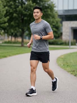 Deviate Nitro 4 Mens Wide Road Running Shoes – black five-inch split running shorts with a grey moisture-wicking compression tee and white low-cut performance socks