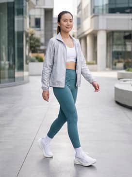 Pair with high-waisted teal compression leggings, a white moisture-wicking sports bra, and a lightweight silver windbreaker for a coordinated morning run look.
