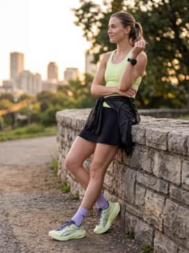 A sleek black tennis skirt combined with a cropped lime green sports bra and an oversized translucent windbreaker for a technical yet feminine aesthetic.