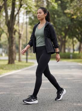 Downshifter 14 – High-waisted black moisture-wicking leggings paired with a sage green breathable racerback tank top and a lightweight zip-up running jacket.