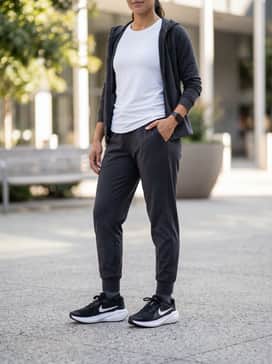 Downshifter 14 – Dark charcoal joggers with a tapered fit, a cropped white technical tee, and a matching grey hoodie for a cohesive gym-to-street look.