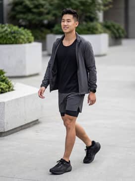 A high-performance athletic look featuring black moisture-wicking compression leggings, anthracite grey running shorts, and a lightweight, breathable mesh tank top in a contrasting neon or neutral tone.