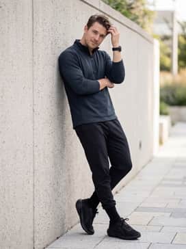 A sleek athleisure outfit pairing the shoes with slim-fit black track pants, a quarter-zip technical pullover in a dark jewel tone, and a minimalist sport watch.