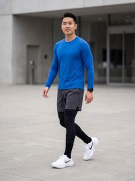 High-performance look: Pair with black compression leggings, charcoal grey athletic shorts layered over them, and a bright cobalt blue moisture-wicking long-sleeve running top.