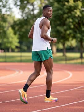 High-performance emerald green running shorts paired with a white perforated race vest to highlight the green tones of the spike plate.