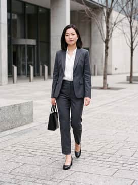 A sharp, tailored charcoal grey pantsuit paired with a crisp white silk blouse and minimalist silver jewelry for a powerful boardroom presence.
